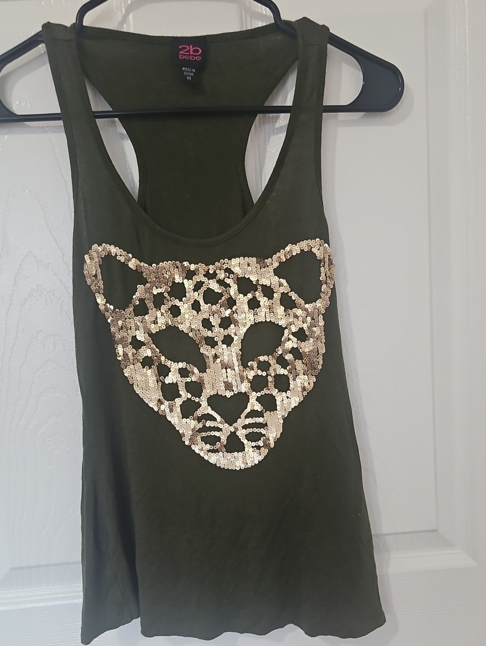 2b Bebe Y2K Olive Green Sequin Leopard Face Racerback Tank Top XS